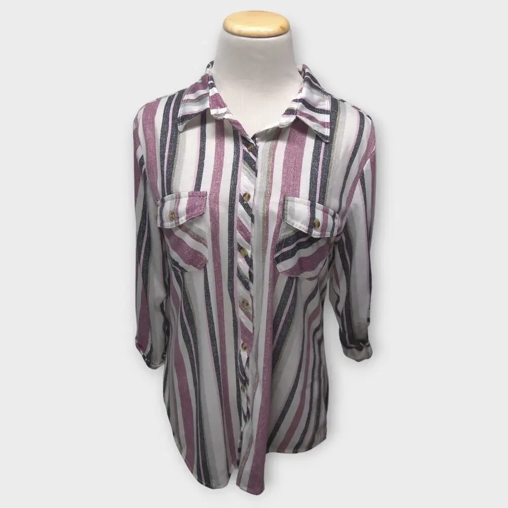Women's Eden & Olivia Striped Button Up Blouse Size Medium - Picture 2 of 9